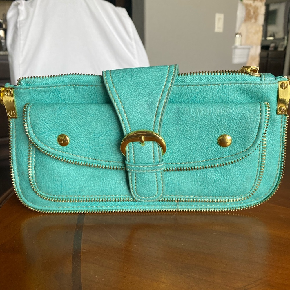 Turquoise and gold clutch